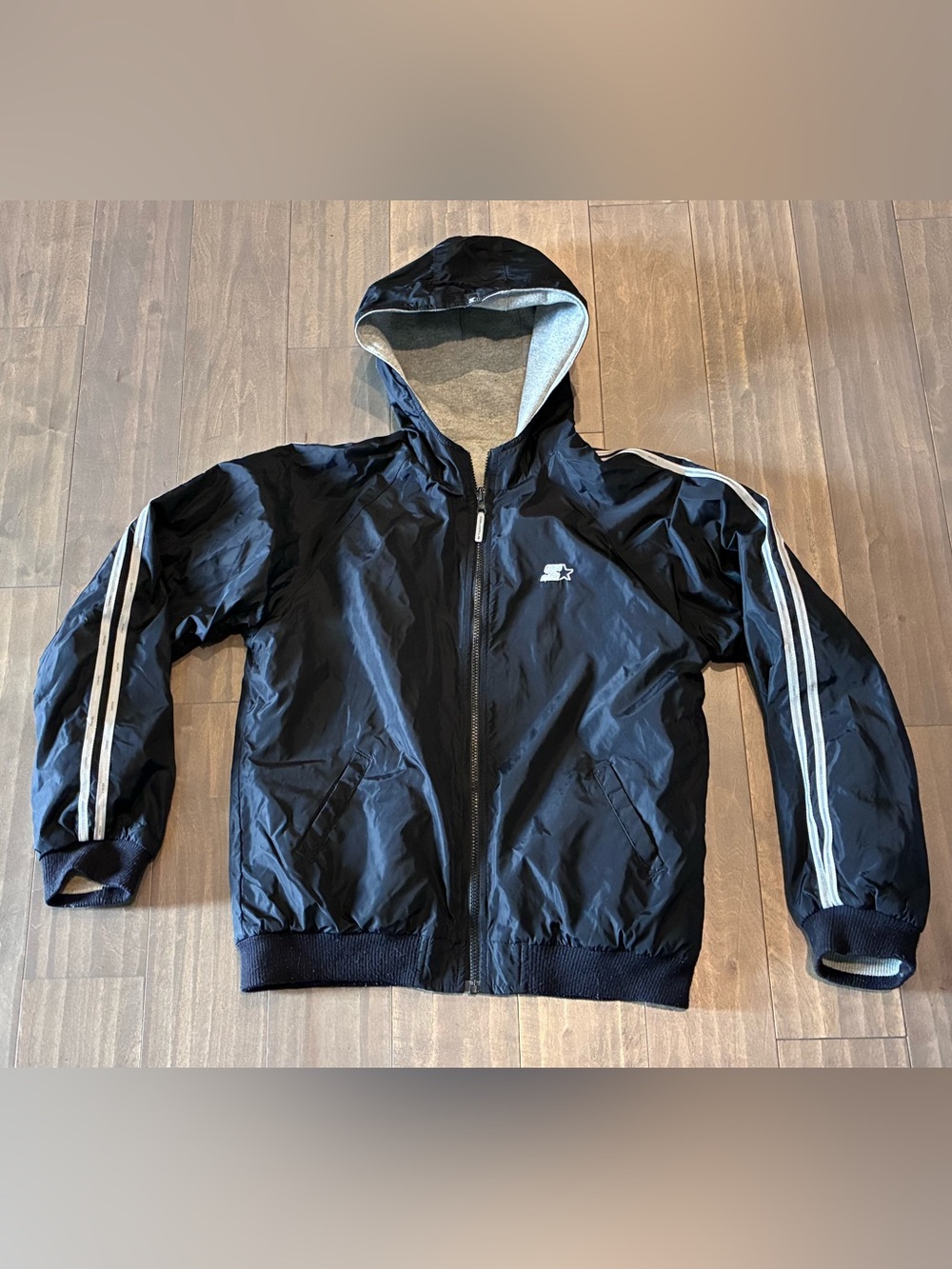 90s Reversible Adidas Youth 16/18 Black Jacket White 3 Stripe Full Zip Hooded